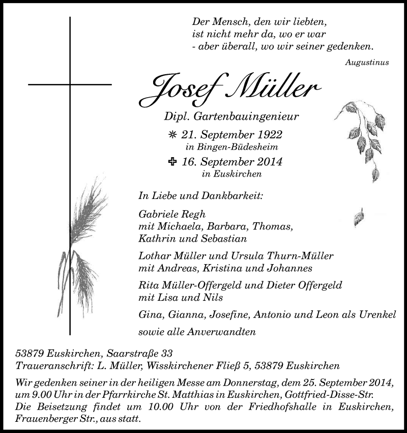  Traueranzeige für Josef Müller vom 23.09.2014 aus Kölner Stadt-Anzeiger / Kölnische Rundschau / Express