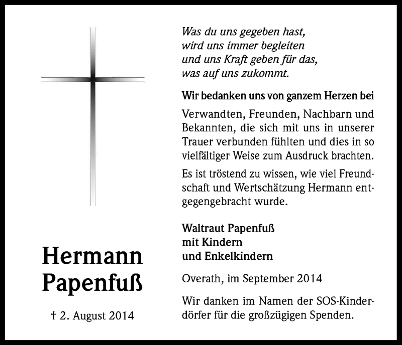  Traueranzeige für Hermann Papenfuß vom 27.09.2014 aus Kölner Stadt-Anzeiger / Kölnische Rundschau / Express