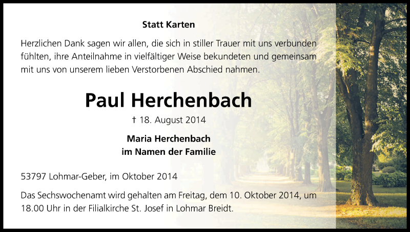  Traueranzeige für Paul Herchenbach vom 02.10.2014 aus Kölner Stadt-Anzeiger / Kölnische Rundschau / Express
