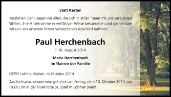 Anzeige von Paul Herchenbach von Kölner Stadt-Anzeiger / Kölnische Rundschau / Express