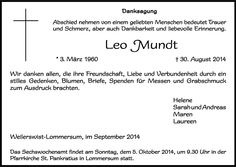  Traueranzeige für Leo Mundt vom 29.09.2014 aus Kölner Stadt-Anzeiger / Kölnische Rundschau / Express