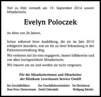 Anzeige von Evelyn Poloczek von Kölner Stadt-Anzeiger / Kölnische Rundschau / Express
