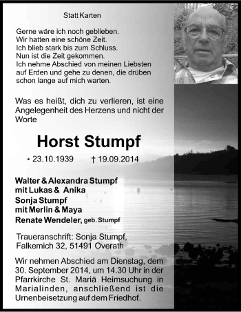 Anzeige von Horst Stumpf von Kölner Stadt-Anzeiger / Kölnische Rundschau / Express
