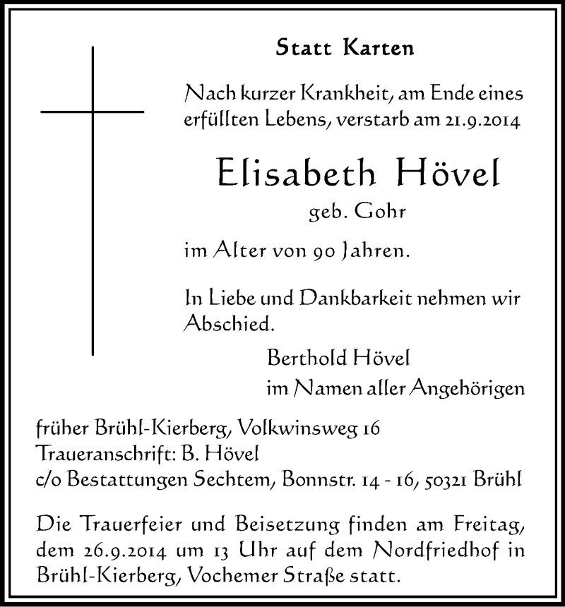  Traueranzeige für Elisabeth Hövel vom 24.09.2014 aus Kölner Stadt-Anzeiger / Kölnische Rundschau / Express