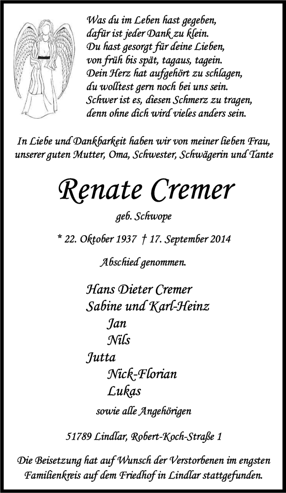  Traueranzeige für Renate Cremer vom 27.09.2014 aus Kölner Stadt-Anzeiger / Kölnische Rundschau / Express