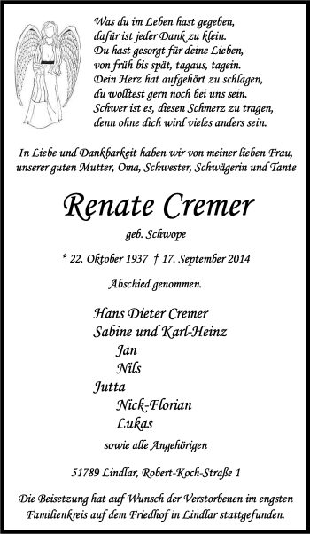 Anzeige von Renate Cremer von Kölner Stadt-Anzeiger / Kölnische Rundschau / Express