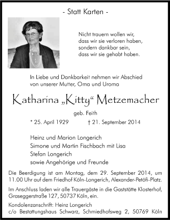 Anzeige von Katharina Metzemacher von Kölner Stadt-Anzeiger / Kölnische Rundschau / Express