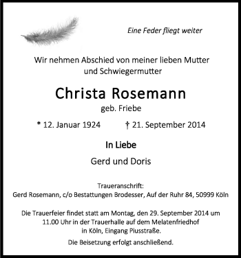 Anzeige von Christa Rosemann von Kölner Stadt-Anzeiger / Kölnische Rundschau / Express