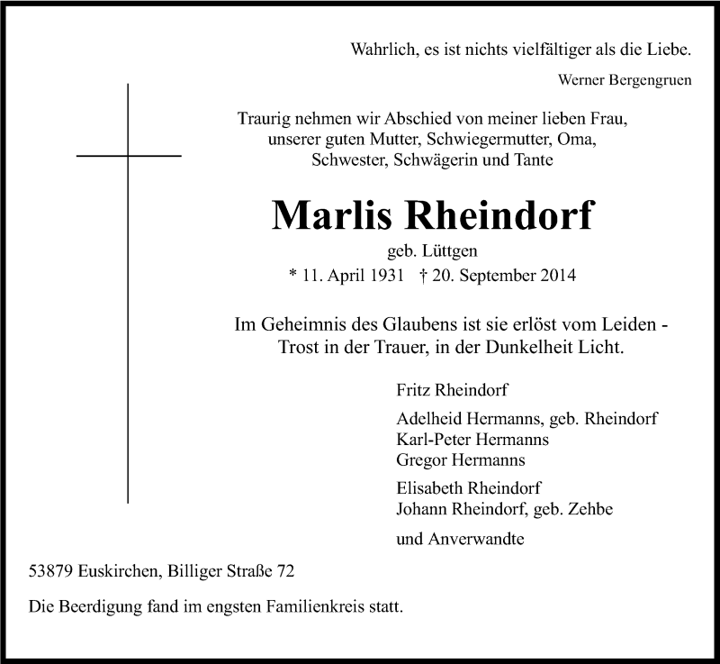  Traueranzeige für Maria Elisabeth Rheindorf vom 27.09.2014 aus Kölner Stadt-Anzeiger / Kölnische Rundschau / Express