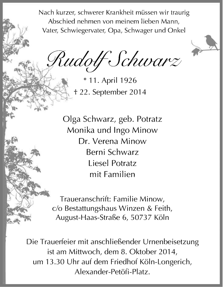  Traueranzeige für Rudolf Schwarz vom 27.09.2014 aus Kölner Stadt-Anzeiger / Kölnische Rundschau / Express