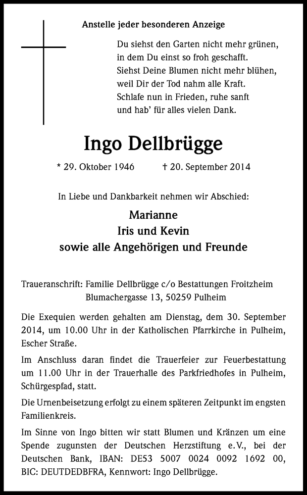  Traueranzeige für Ingo Dellbrügge vom 24.09.2014 aus Kölner Stadt-Anzeiger / Kölnische Rundschau / Express