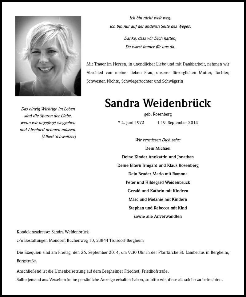  Traueranzeige für Sandra Weidenbrück vom 24.09.2014 aus Kölner Stadt-Anzeiger / Kölnische Rundschau / Express