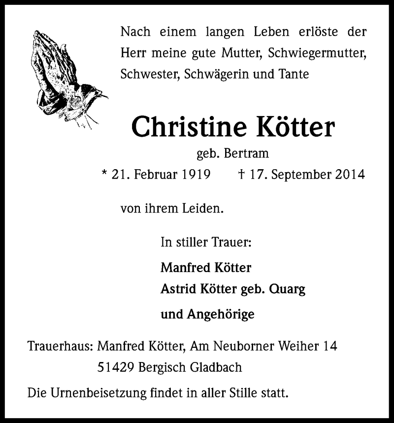  Traueranzeige für Christine Kötter vom 24.09.2014 aus Kölner Stadt-Anzeiger / Kölnische Rundschau / Express