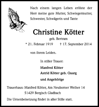 Anzeige von Christine Kötter von Kölner Stadt-Anzeiger / Kölnische Rundschau / Express