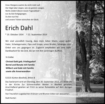 Anzeige von Erich Dahl von Kölner Stadt-Anzeiger / Kölnische Rundschau / Express
