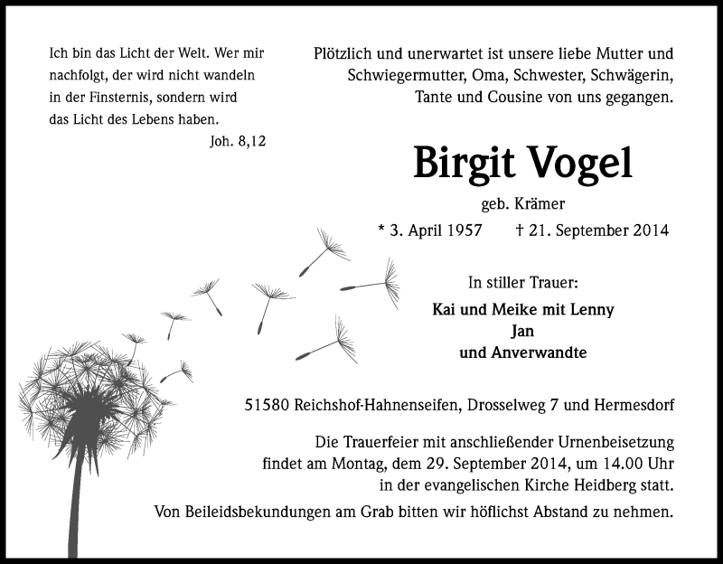  Traueranzeige für Birgit Vogel vom 24.09.2014 aus Kölner Stadt-Anzeiger / Kölnische Rundschau / Express