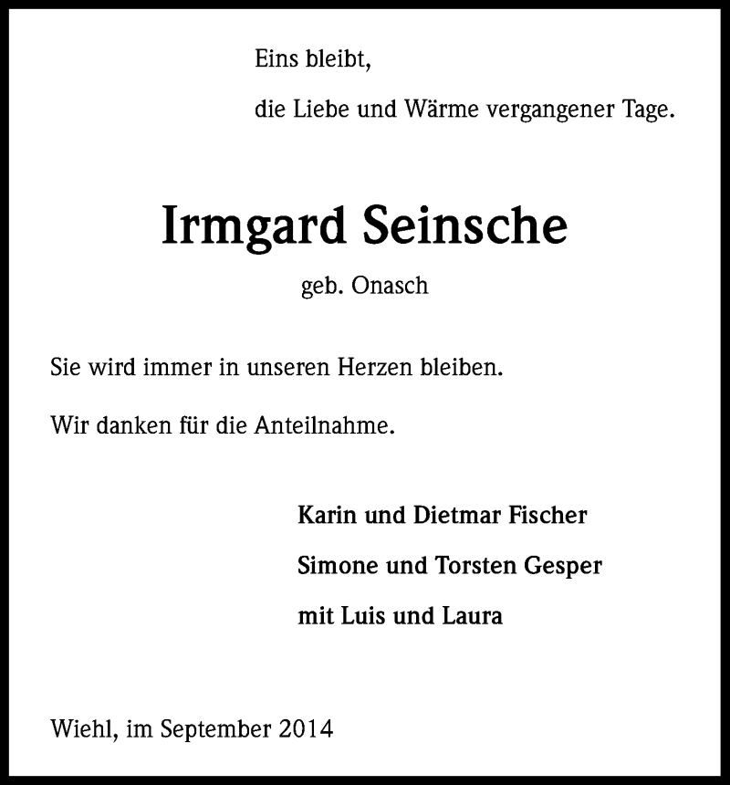  Traueranzeige für Irmgard Seinsche vom 24.09.2014 aus Kölner Stadt-Anzeiger / Kölnische Rundschau / Express