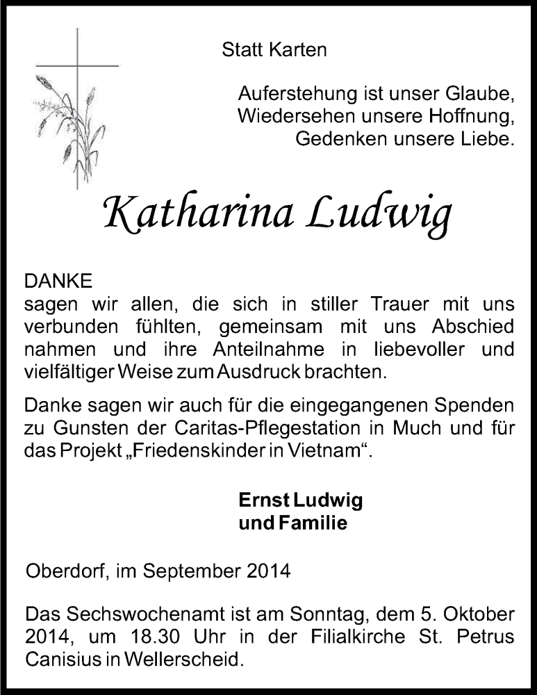  Traueranzeige für Katharina Ludwig vom 26.09.2014 aus Kölner Stadt-Anzeiger / Kölnische Rundschau / Express