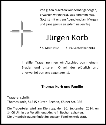 Anzeige von Jürgen Korb von Kölner Stadt-Anzeiger / Kölnische Rundschau / Express
