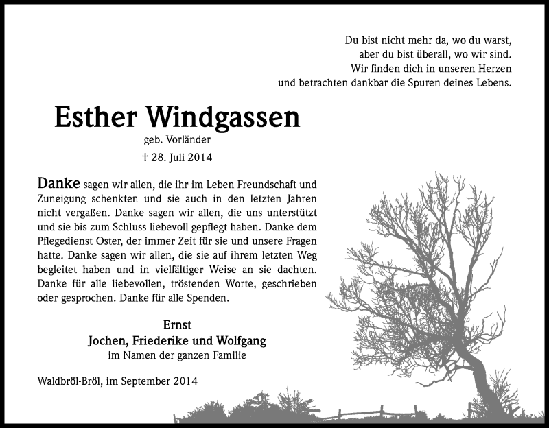  Traueranzeige für Esther Windgassen vom 24.09.2014 aus Kölner Stadt-Anzeiger / Kölnische Rundschau / Express