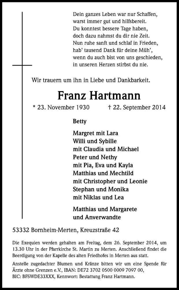  Traueranzeige für Franz Hartmann vom 24.09.2014 aus Kölner Stadt-Anzeiger / Kölnische Rundschau / Express