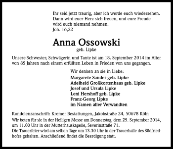 Anzeige von Anna Ossowski von Kölner Stadt-Anzeiger / Kölnische Rundschau / Express