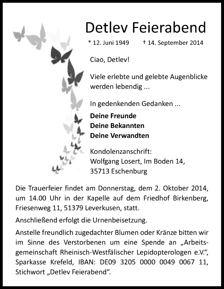  Traueranzeige für Detlev Feierabend vom 24.09.2014 aus Kölner Stadt-Anzeiger / Kölnische Rundschau / Express