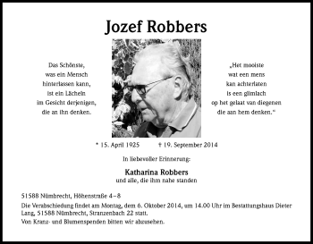 Anzeige von Jozef Robbers von Kölner Stadt-Anzeiger / Kölnische Rundschau / Express