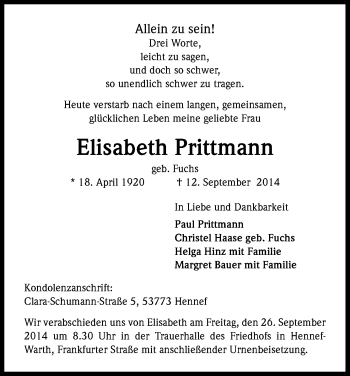 Anzeige von Elisabeth Prittmann von Kölner Stadt-Anzeiger / Kölnische Rundschau / Express