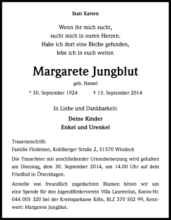 Anzeige von Margarete Jungblut von Kölner Stadt-Anzeiger / Kölnische Rundschau / Express