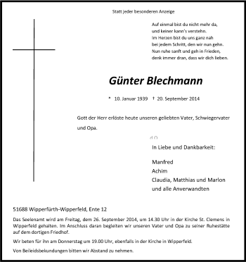 Anzeige von Günter Blechmann von Kölner Stadt-Anzeiger / Kölnische Rundschau / Express
