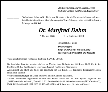 Anzeige von Manfred Dahm von Kölner Stadt-Anzeiger / Kölnische Rundschau / Express
