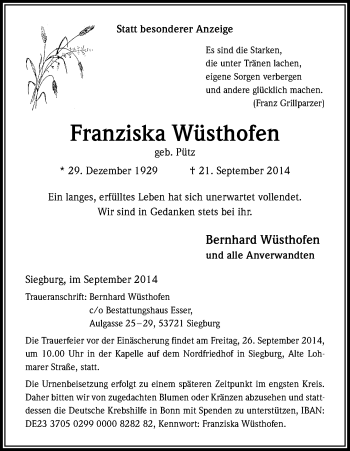 Anzeige von Franziska Wüsthofen von Kölner Stadt-Anzeiger / Kölnische Rundschau / Express