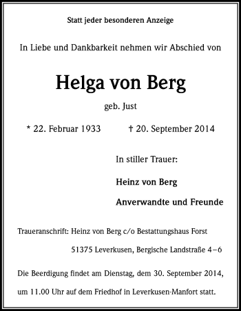 Anzeige von Helga von Berg von Kölner Stadt-Anzeiger / Kölnische Rundschau / Express