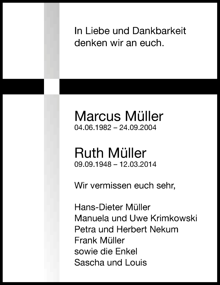  Traueranzeige für Marcus und Ruth Müller vom 29.09.2014 aus Kölner Stadt-Anzeiger / Kölnische Rundschau / Express