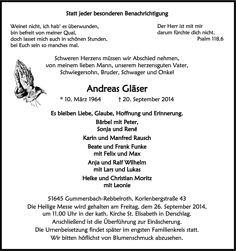  Traueranzeige für Andreas Gläser vom 24.09.2014 aus Kölner Stadt-Anzeiger / Kölnische Rundschau / Express