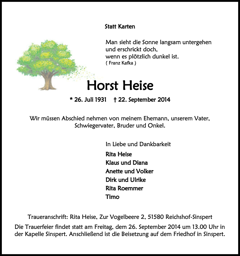  Traueranzeige für Horst Heise vom 24.09.2014 aus Kölner Stadt-Anzeiger / Kölnische Rundschau / Express