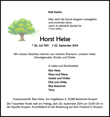 Anzeige von Horst Heise von Kölner Stadt-Anzeiger / Kölnische Rundschau / Express