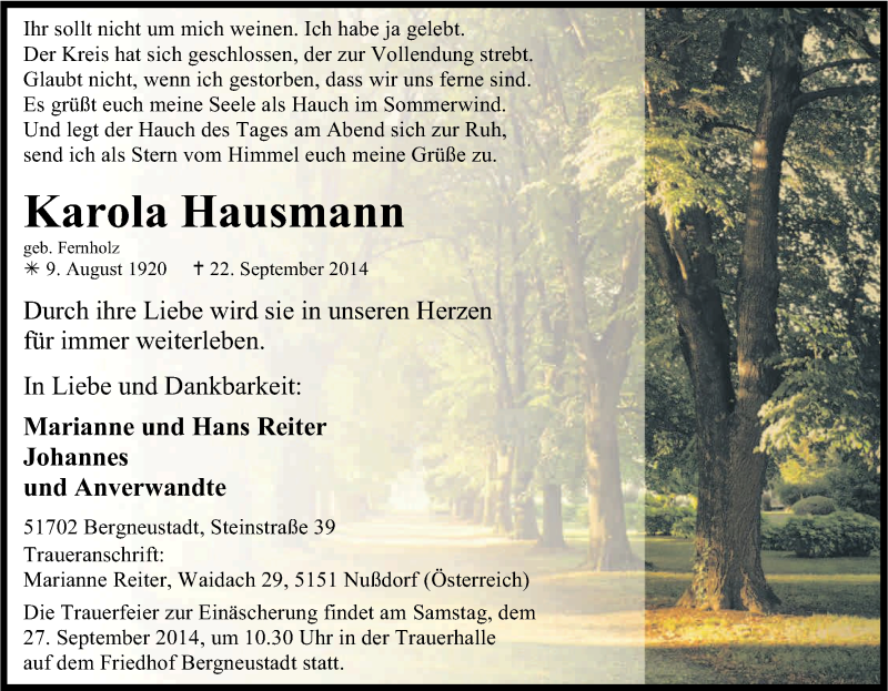  Traueranzeige für Karola Hausmann vom 24.09.2014 aus Kölner Stadt-Anzeiger / Kölnische Rundschau / Express
