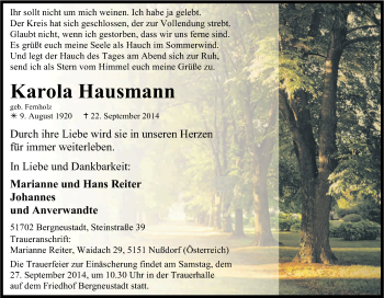 Anzeige von Karola Hausmann von Kölner Stadt-Anzeiger / Kölnische Rundschau / Express