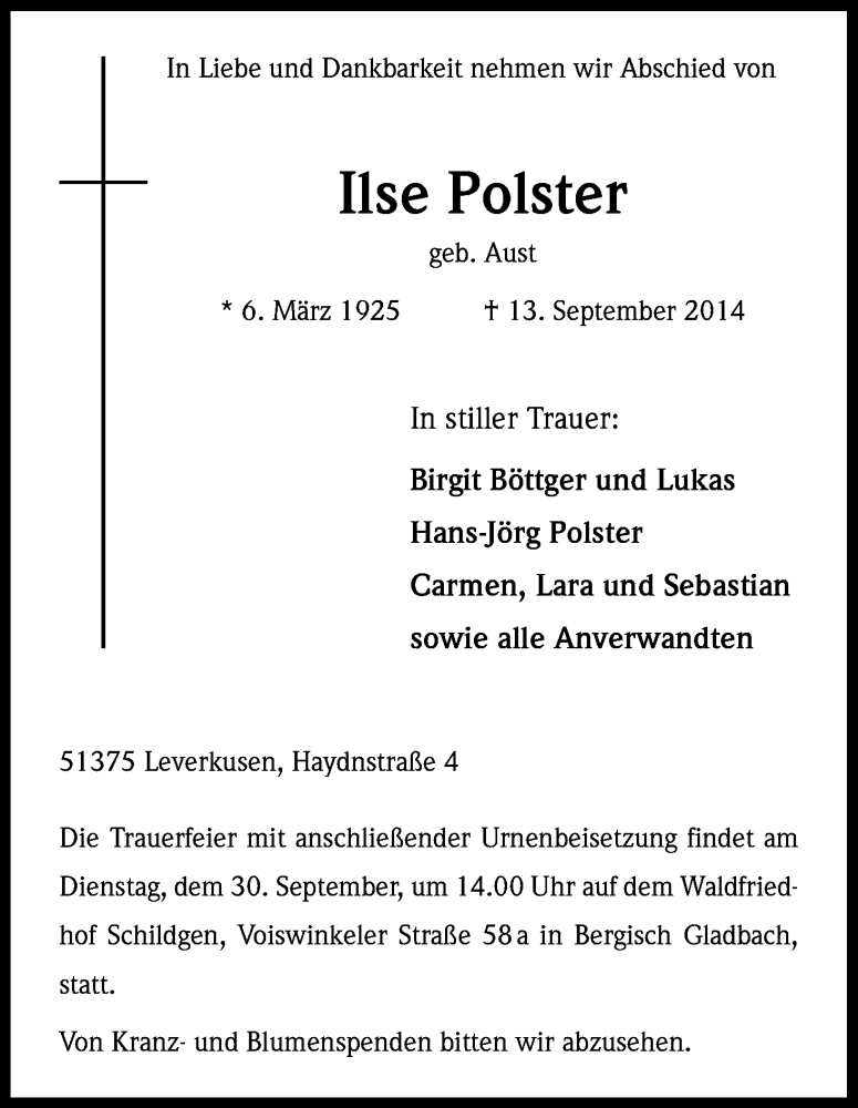  Traueranzeige für Ilse Polster vom 25.09.2014 aus Kölner Stadt-Anzeiger / Kölnische Rundschau / Express