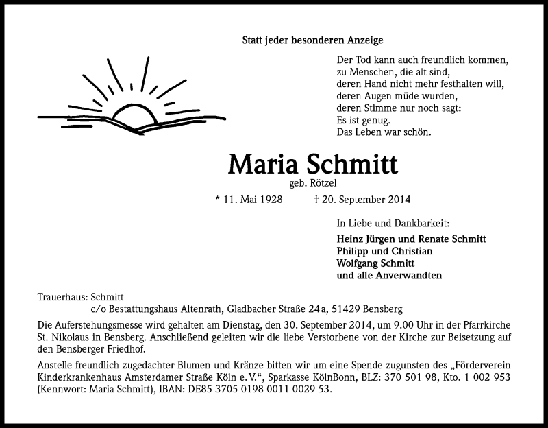  Traueranzeige für Maria Schmitt vom 25.09.2014 aus Kölner Stadt-Anzeiger / Kölnische Rundschau / Express