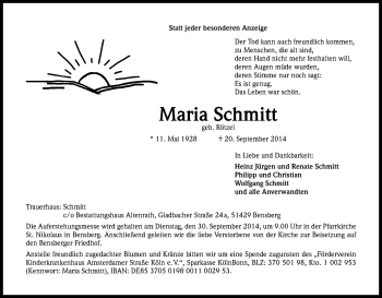 Anzeige von Maria Schmitt von Kölner Stadt-Anzeiger / Kölnische Rundschau / Express