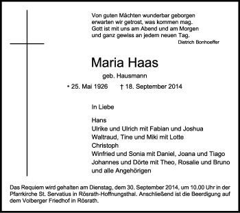 Anzeige von Maria Haas von Kölner Stadt-Anzeiger / Kölnische Rundschau / Express