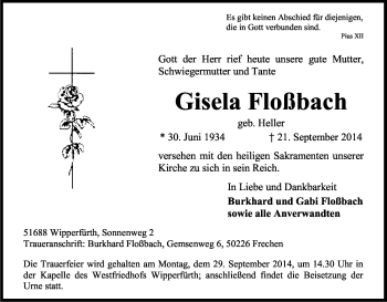 Anzeige von Gisela Floßbach von Kölner Stadt-Anzeiger / Kölnische Rundschau / Express