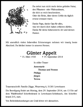 Anzeige von Günter Appelt von Kölner Stadt-Anzeiger / Kölnische Rundschau / Express