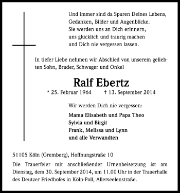 Anzeige von Ralf Ebertz von Kölner Stadt-Anzeiger / Kölnische Rundschau / Express