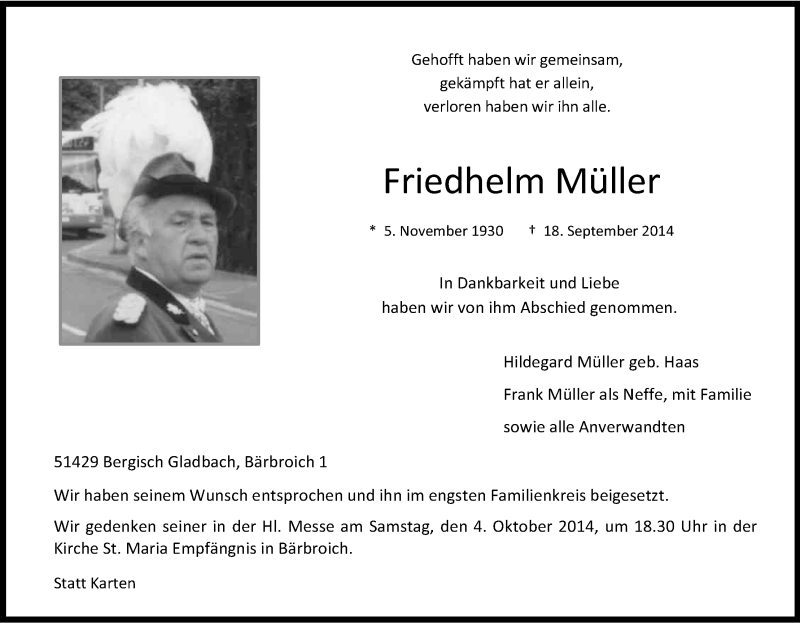  Traueranzeige für Friedhelm Müller vom 01.10.2014 aus Kölner Stadt-Anzeiger / Kölnische Rundschau / Express