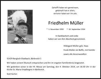 Anzeige von Friedhelm Müller von Kölner Stadt-Anzeiger / Kölnische Rundschau / Express