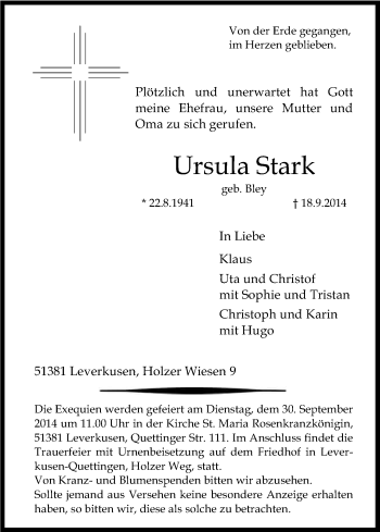 Anzeige von Ursula Stark von Kölner Stadt-Anzeiger / Kölnische Rundschau / Express